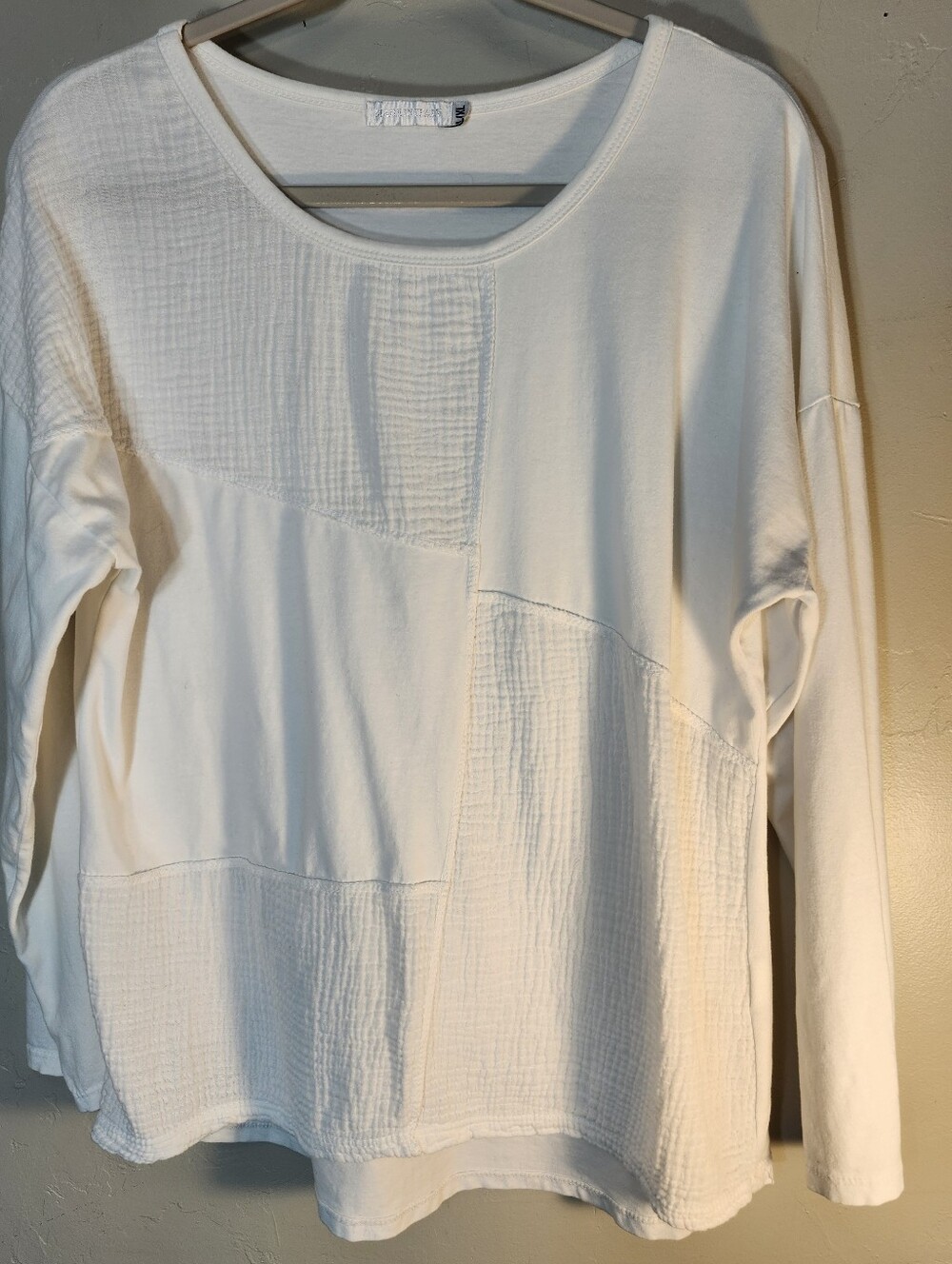 Made In Italy Long Sleeve Patchwork-Texture Tee in White 100% Cotton